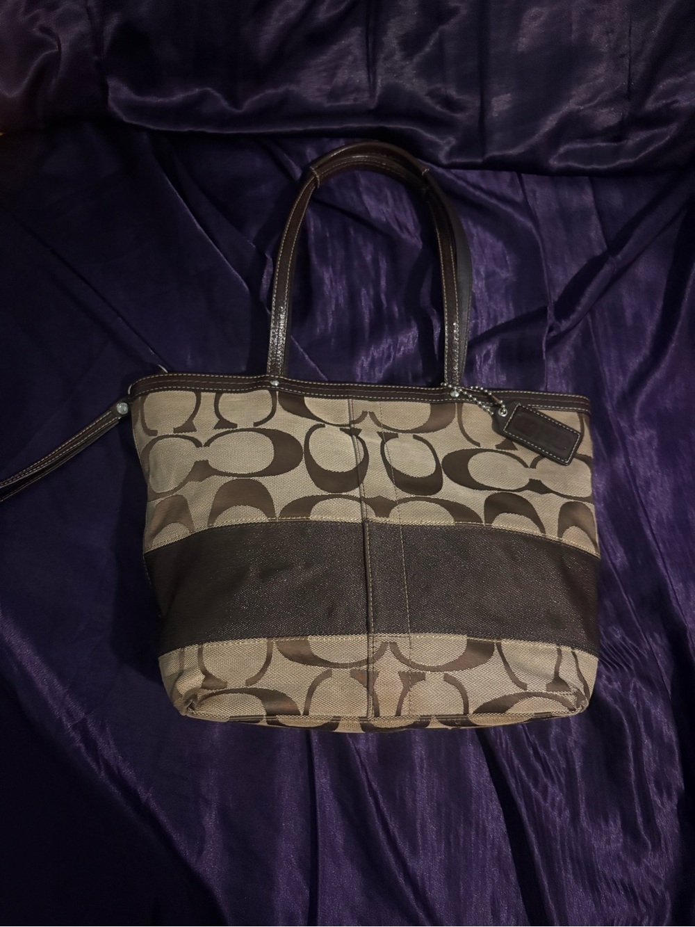 Vintage Coach Signature Stripe Y2K Medium Tote Bag In Brown w/ Silver Hardware